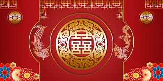 红色喜庆结婚喜字龙凤中国风窗户花朵婚礼展板背景